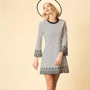 DEREK LAM embroidered blank & white long sleeve knit T dress Paris Inspo M